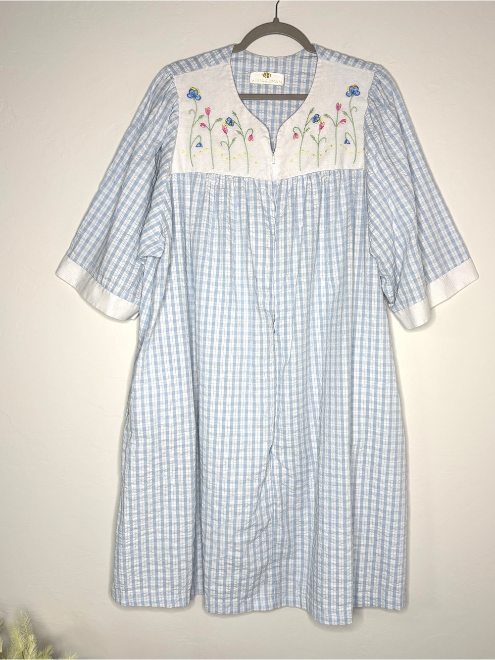 Housecoat Dress Blue Gingham Embroidered Yoke muumuu nightgown lounge vintage L - Picture 4 of 8